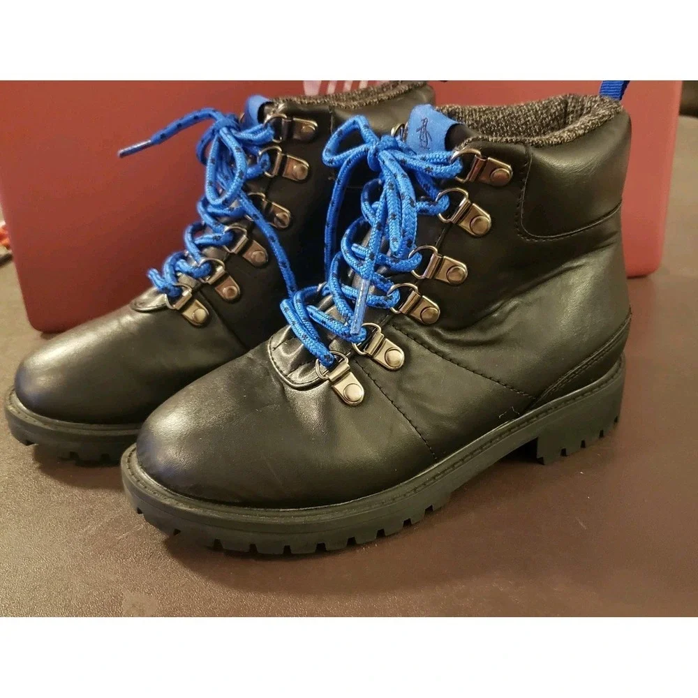 Original Penguin By Munsingwear Kids US 1 Black Leather Lace Up Boots Hiking